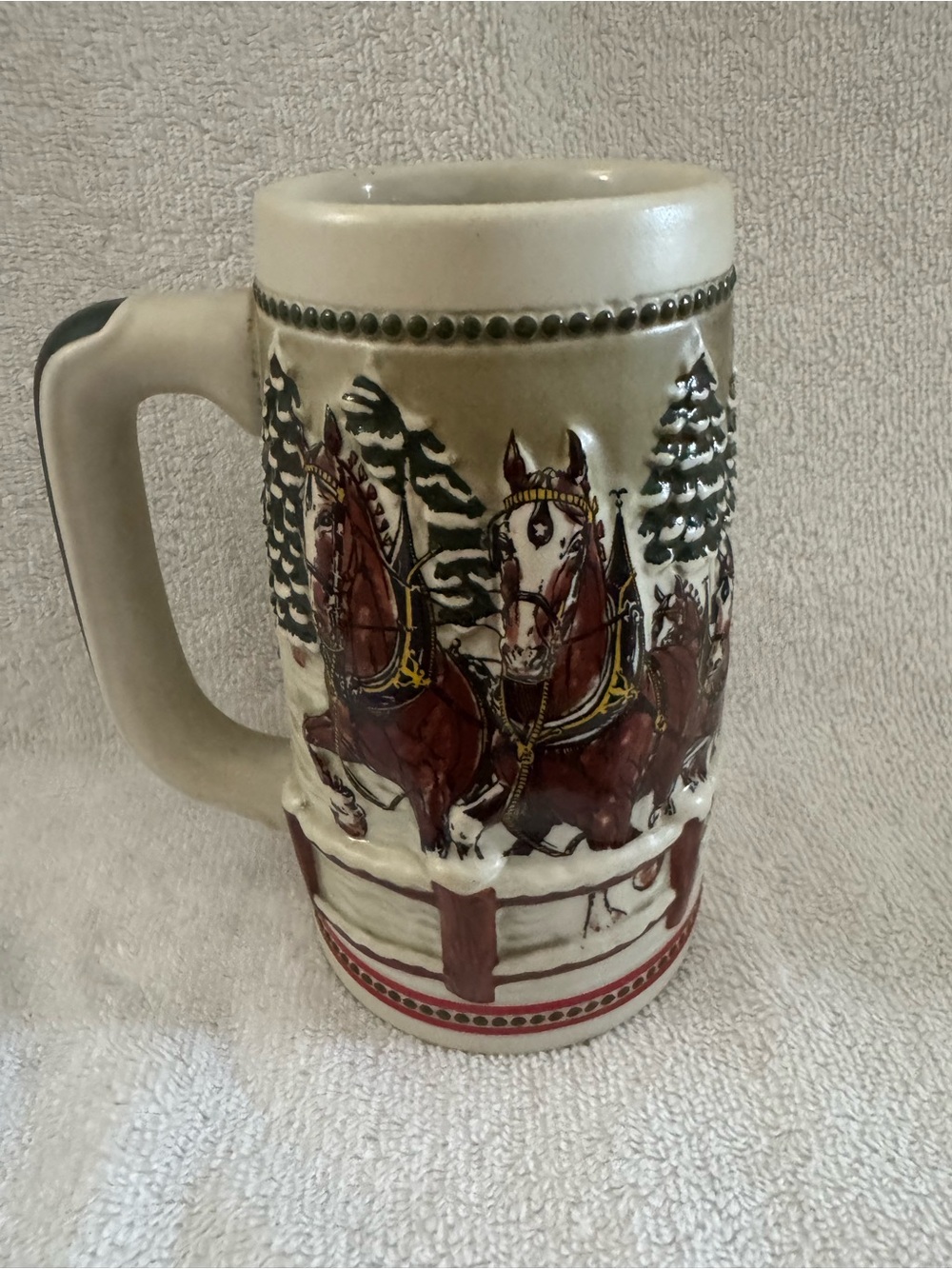 Budweiser Vintage Ceramic Horse-Drawn Sleigh Stein Mug in Brown and Cream